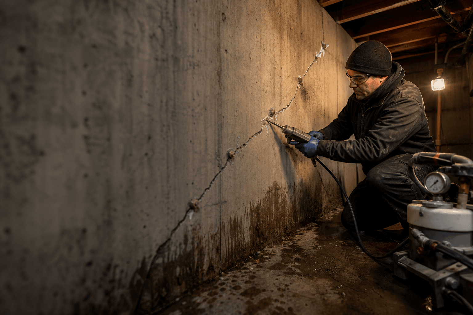 Foundation repair crew injecting epoxy into a concrete wall crack in a Vancouver basement