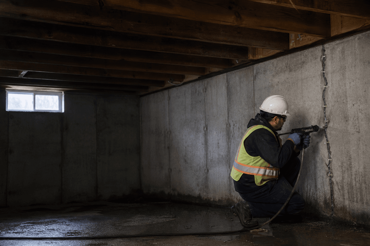 Elite Vancouver Foundation Repair technician inspecting a concrete foundation wall